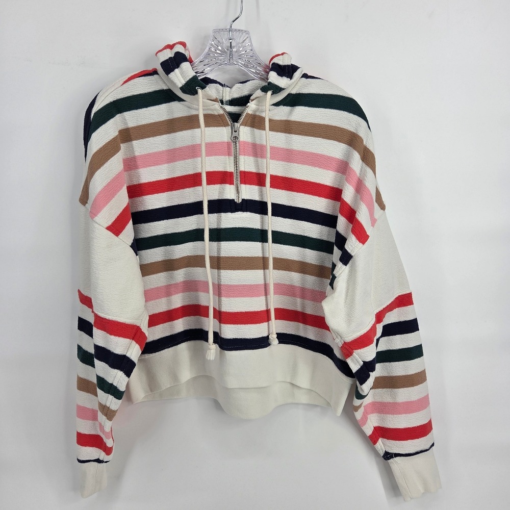 Aerie Striped Quarter Zip Hoodie S White Red Pink Eclectic Boho Cropped Pullover